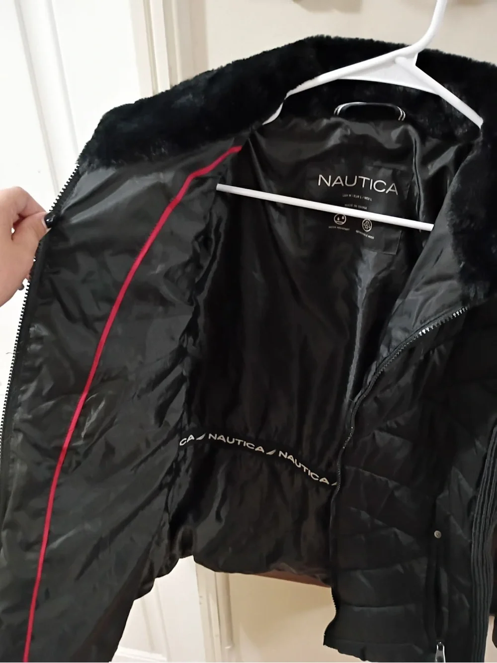 Nautica Black Quilted Puffer Jacket with Faux Fur Collar